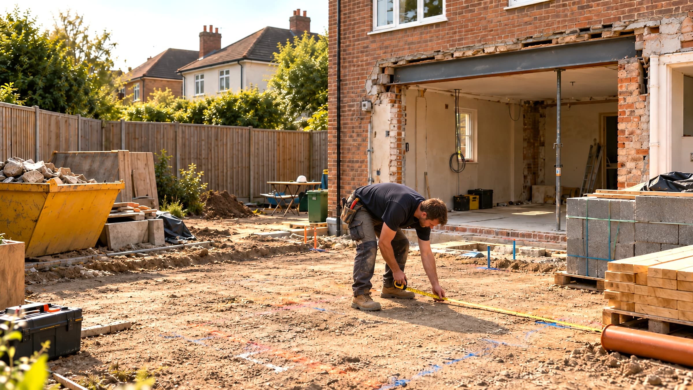 Builder setting out a rear extension with a tape measure, steel beam already in over the new opening, London