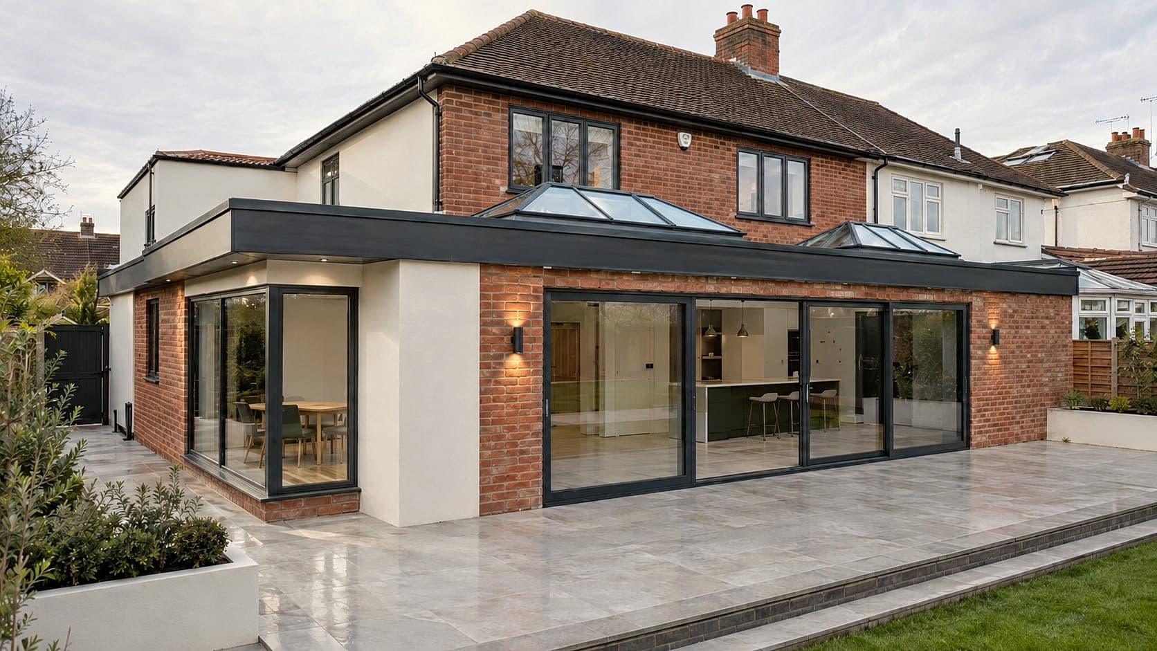 Finished rear extension with bi-fold doors and garden patio