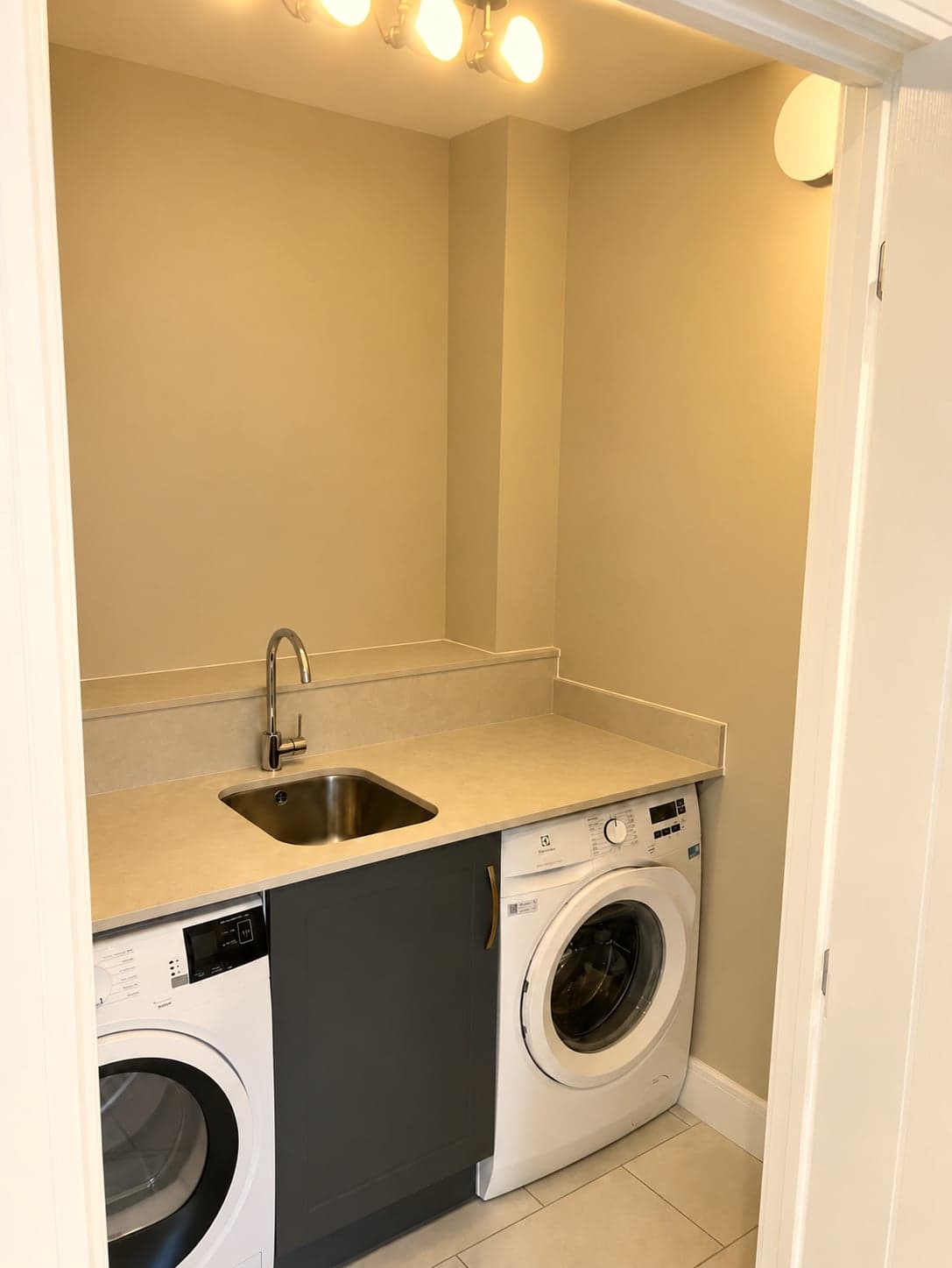 Utility room with inset sink and washing machine under the worktop, North Finchley N12