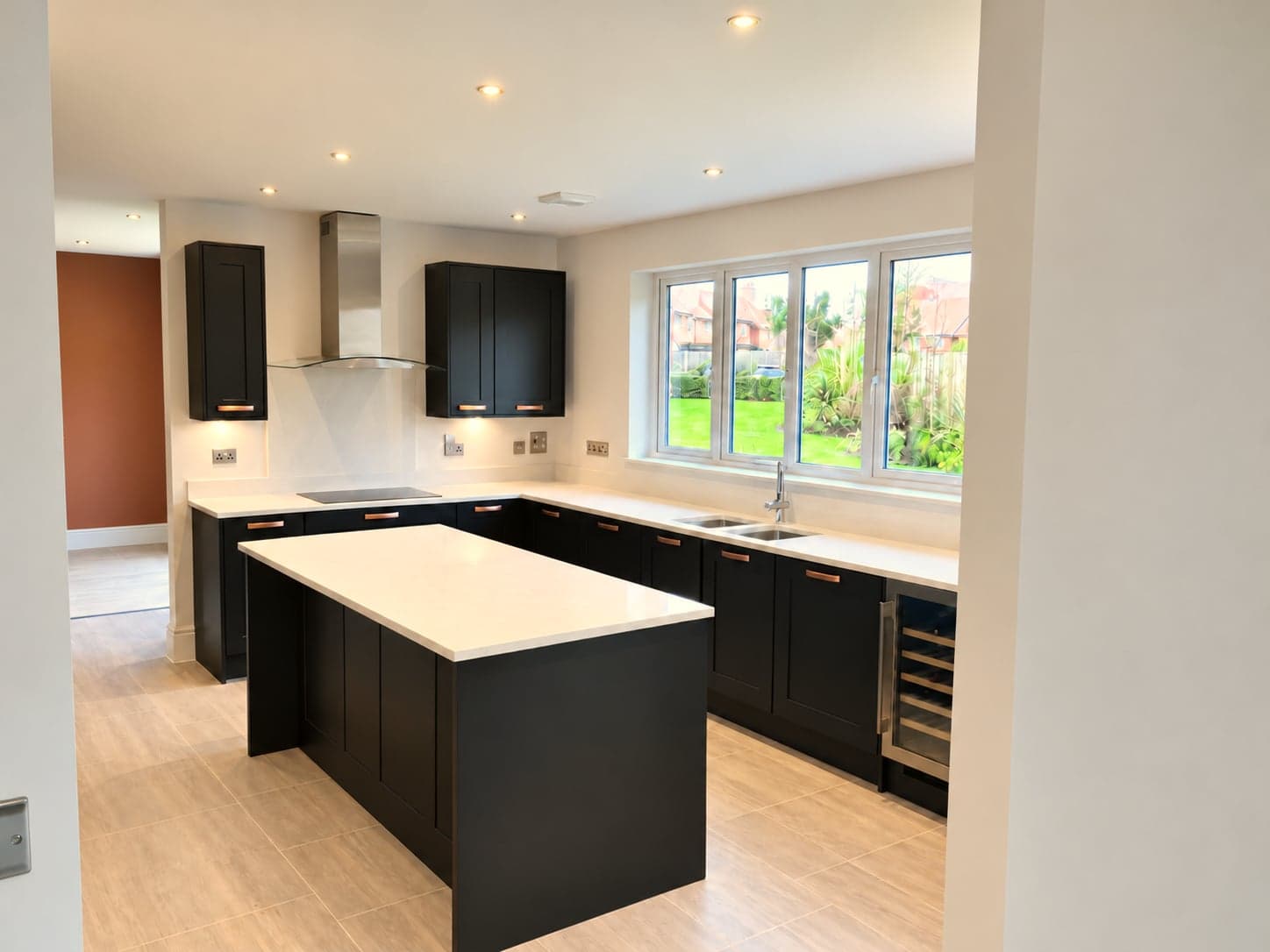 Full kitchen from the dining end: island, sink run and wine cooler, Notting Hill W11