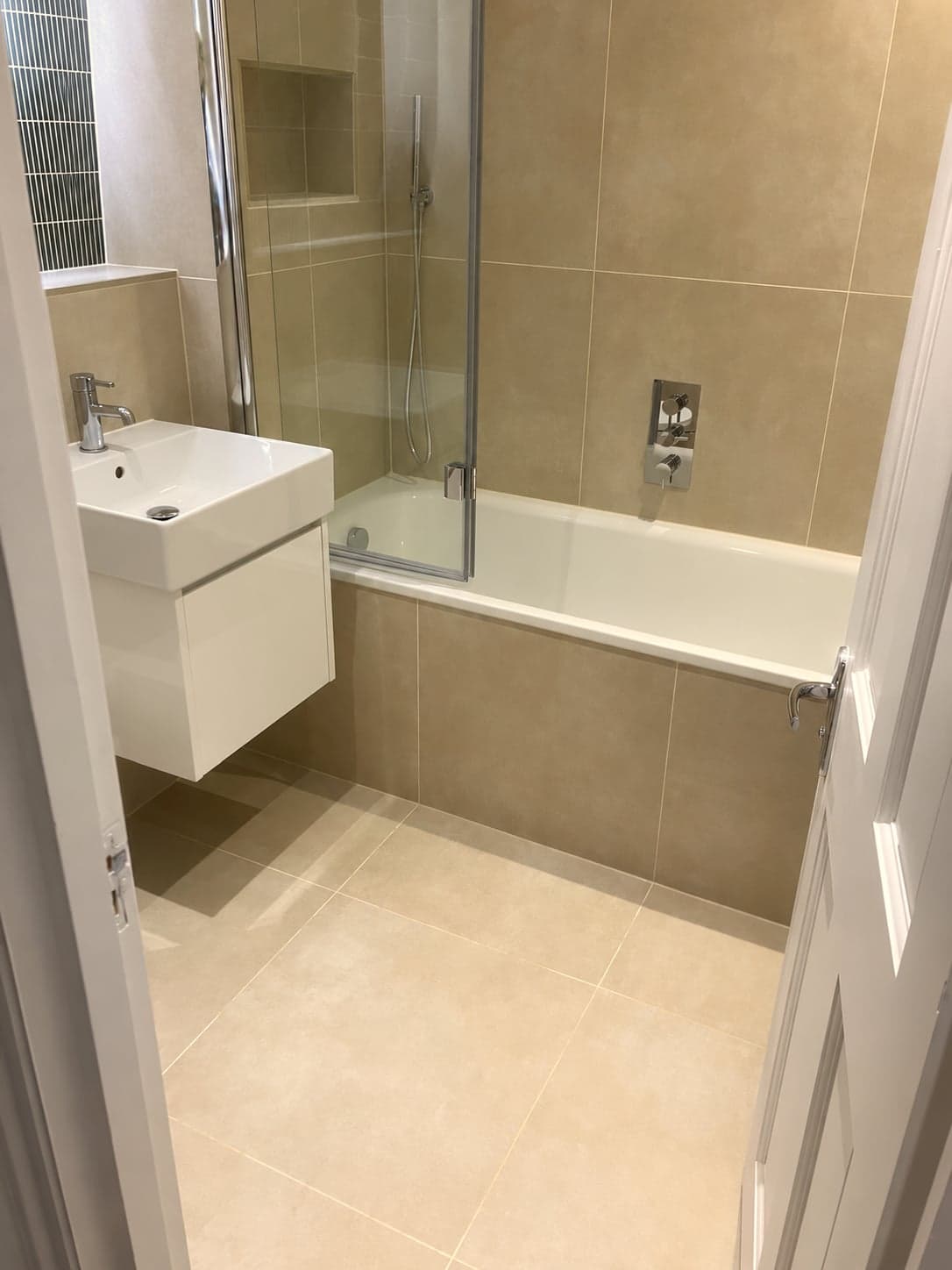 Vanity, bath and shower screen in one view from the doorway, Streatham Hill SW2