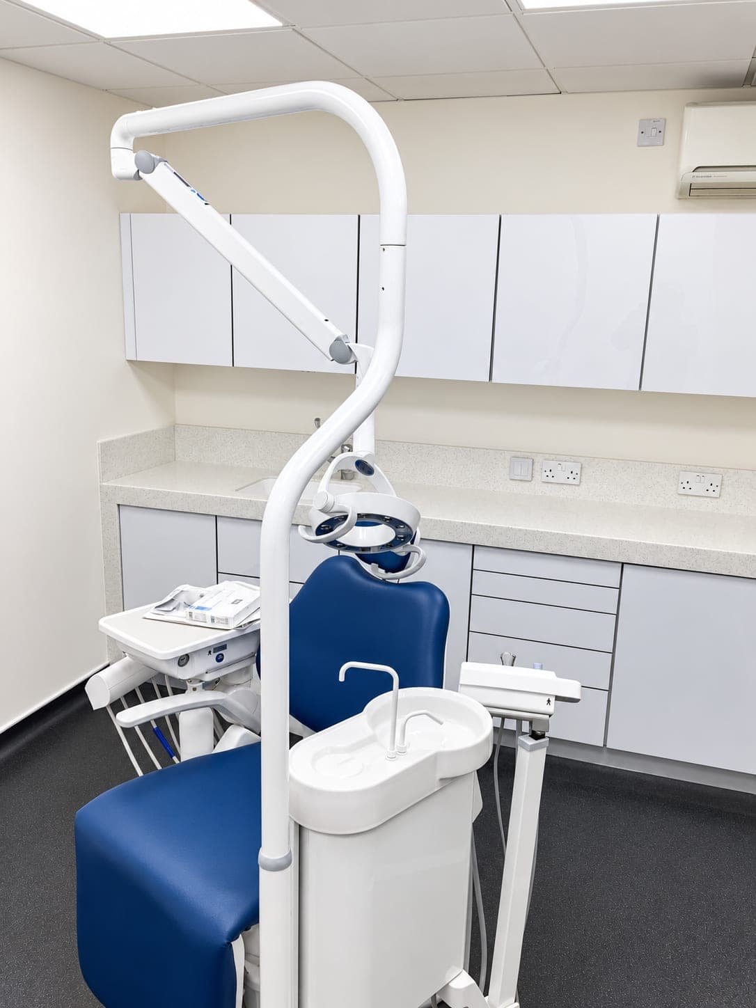 Chair, delivery unit and full-height storage with worktop and drawer units, Docklands E14