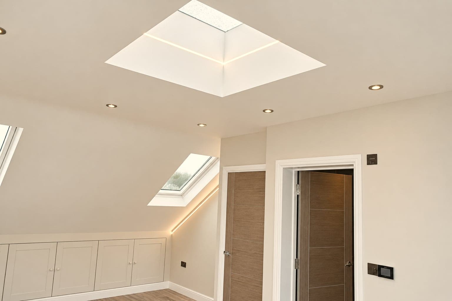 Corner of the loft room showing the flush rooflight, sloped ceiling and eaves cupboards, Hampstead NW3