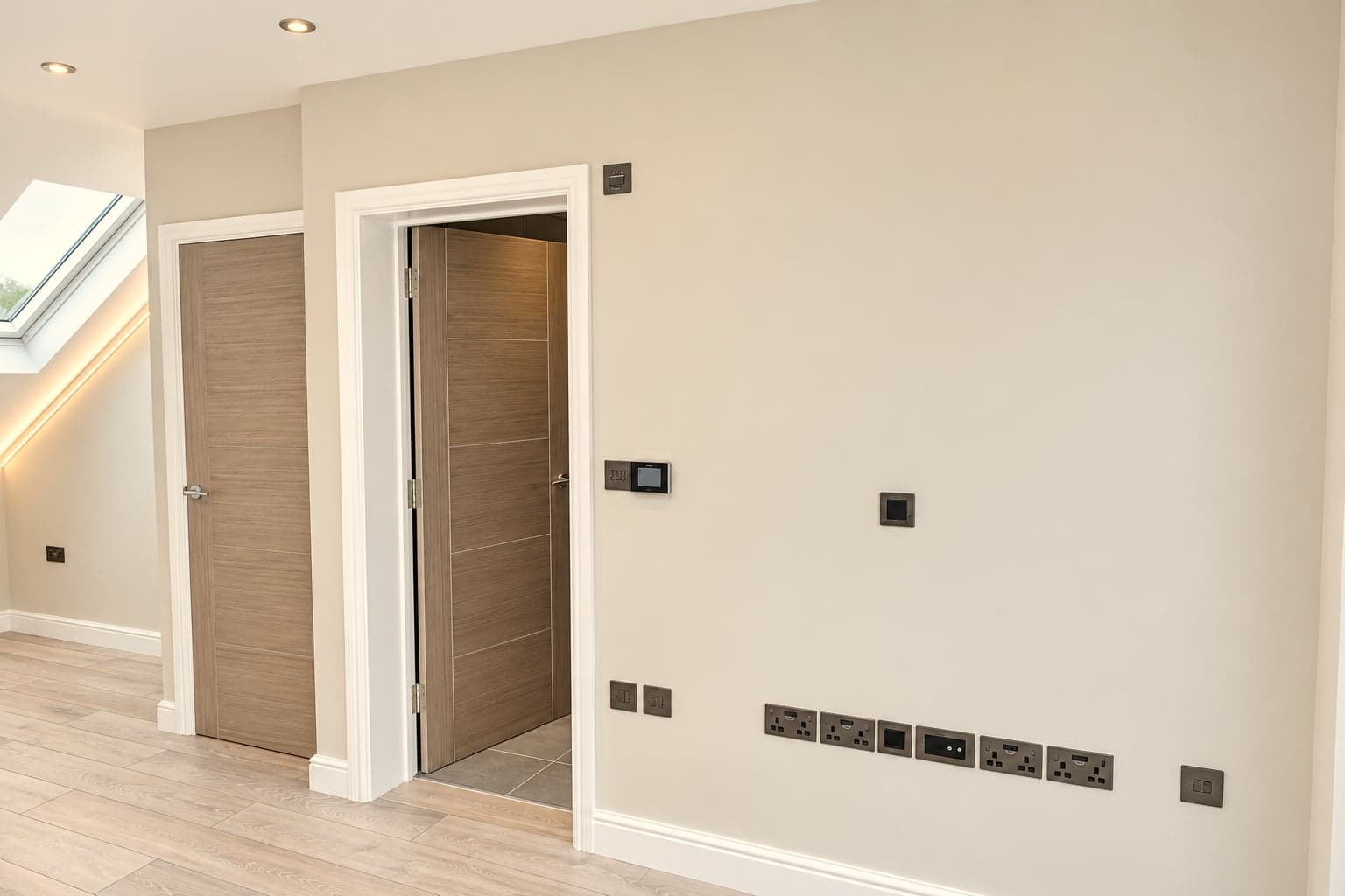 Loft room wall with the door to the landing and socket runs set out, Hampstead NW3