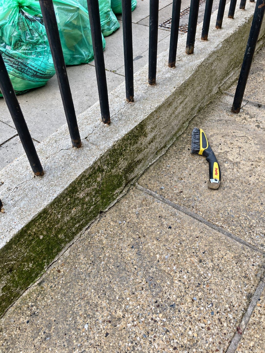 Front boundary wall cleaned back before the railings go on, Shepherdess Walk N1