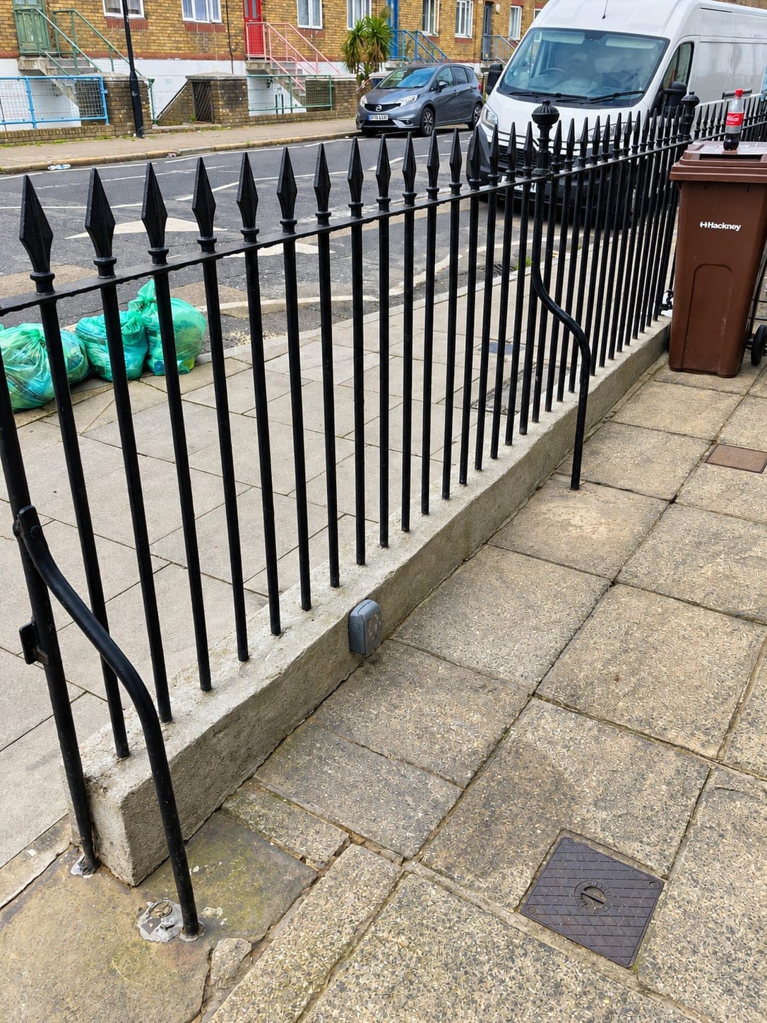 Reinstated cast-iron railings along the restored boundary wall, Shepherdess Walk N1