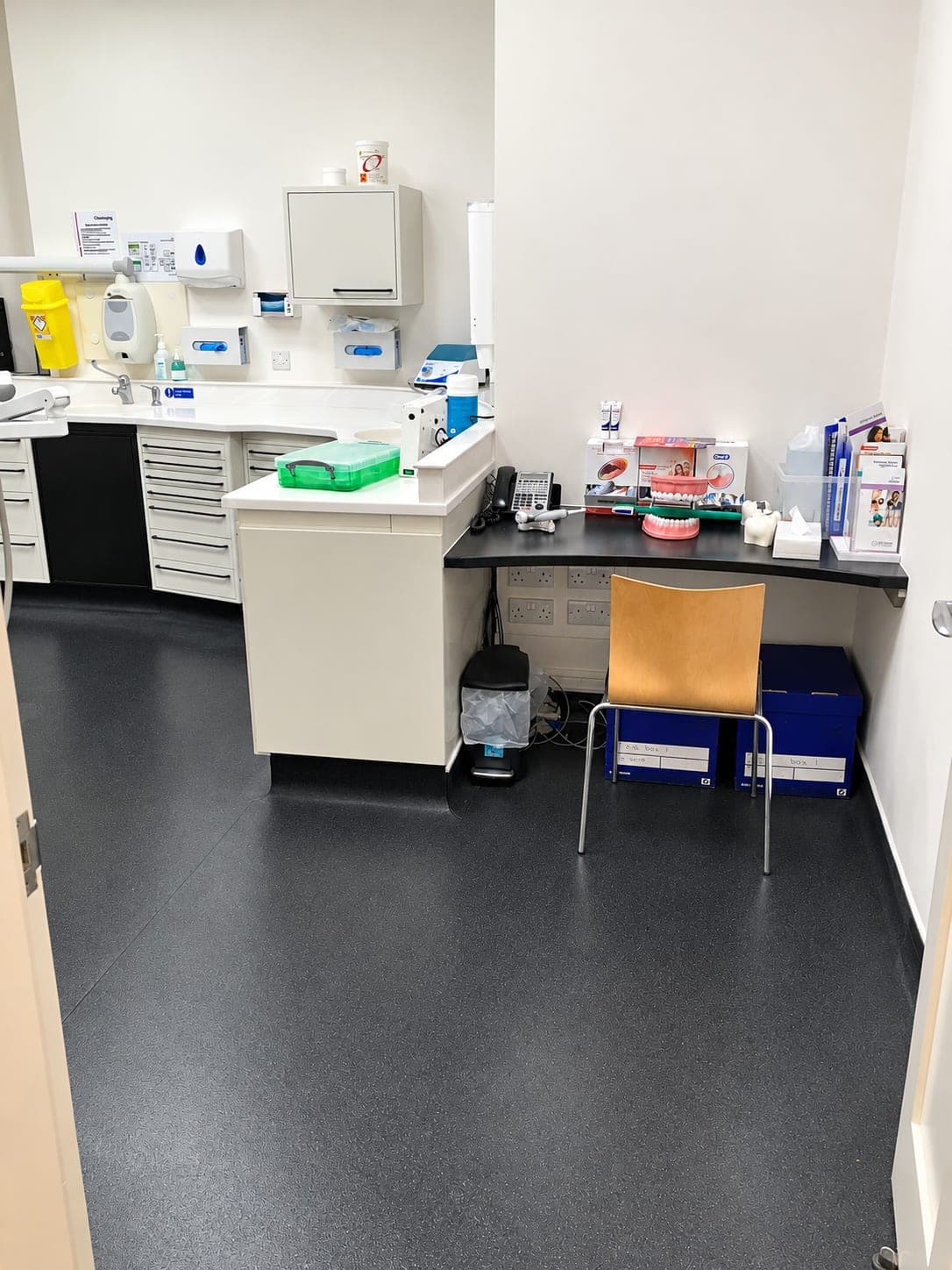 Worktop run with instrument storage and drawer units against the new flooring, Haverhill CB9