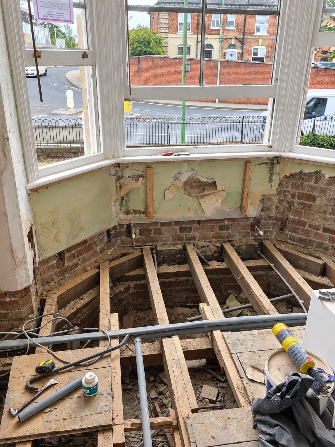 Floor taken up to the joists in the bay, services being re-run, Haverhill CB9