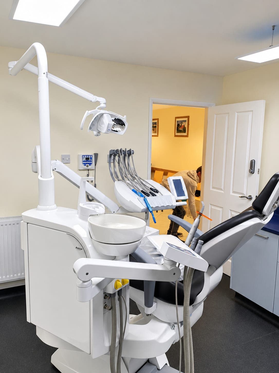 Chair, light and delivery unit with the navy cabinetry behind, Haverhill CB9
