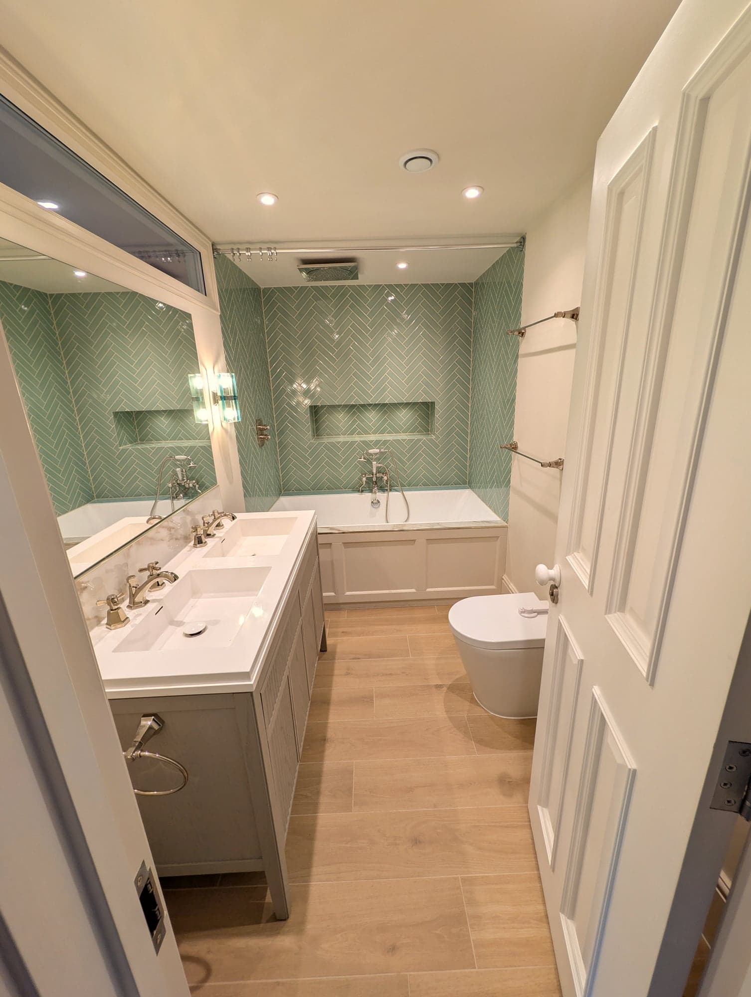 Bathroom from the door showing vanity, bath and WC in one view, Fulham SW6