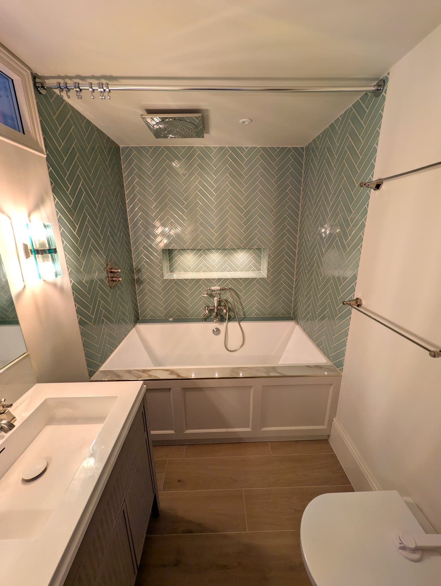 Corner of the vanity looking through to the bath and heated towel rail, Fulham SW6