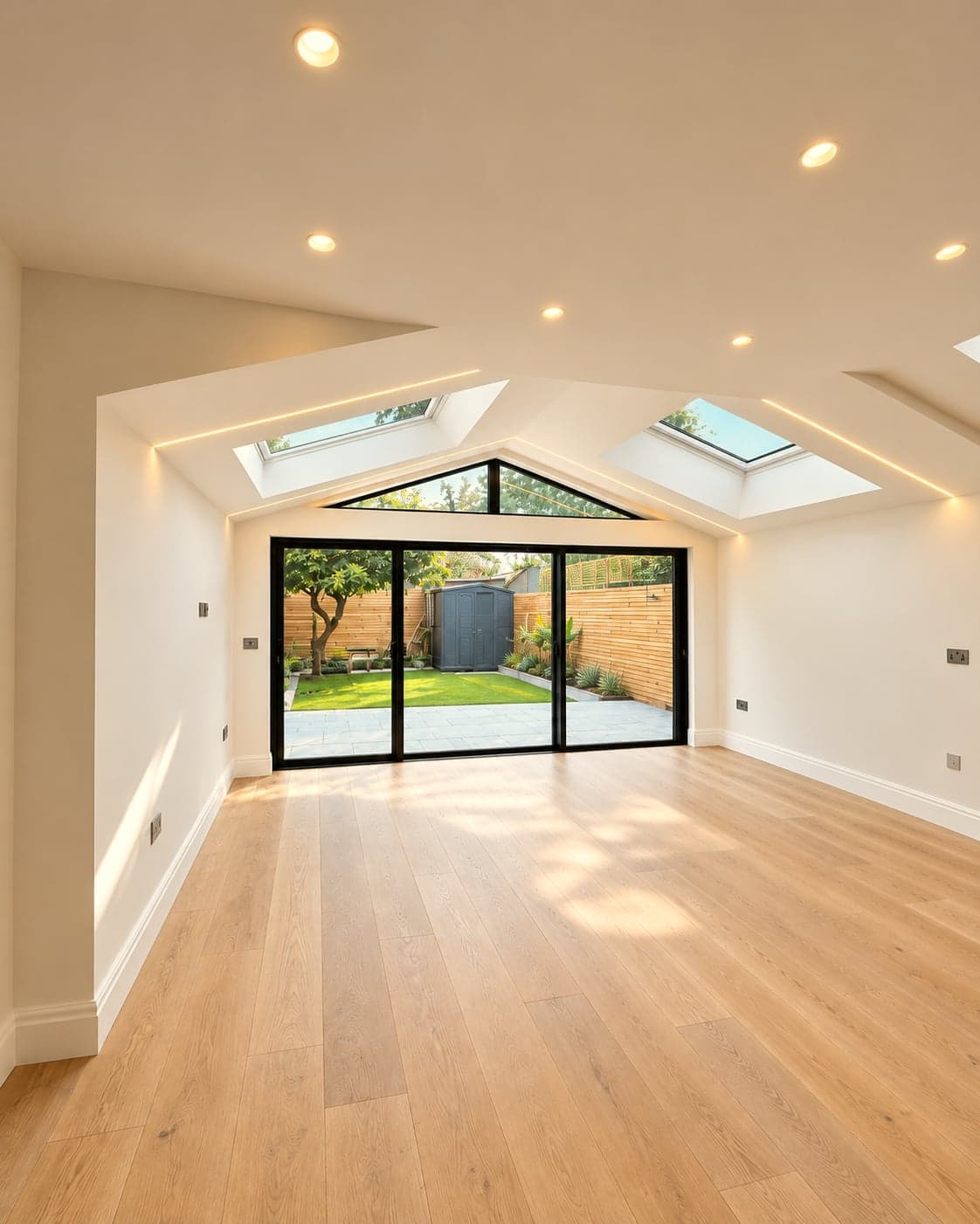 Finished extension looking out to the garden through black bi-fold doors, lantern rooflight and oak flooring, St Albans AL1