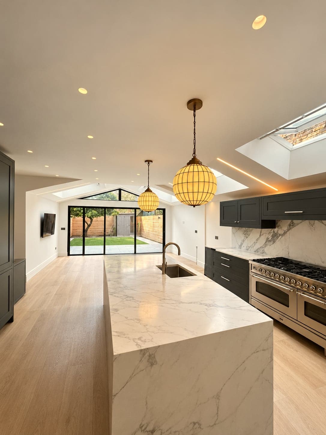 Marble-topped island with brass pendants above and the range cooker behind, St Albans AL1