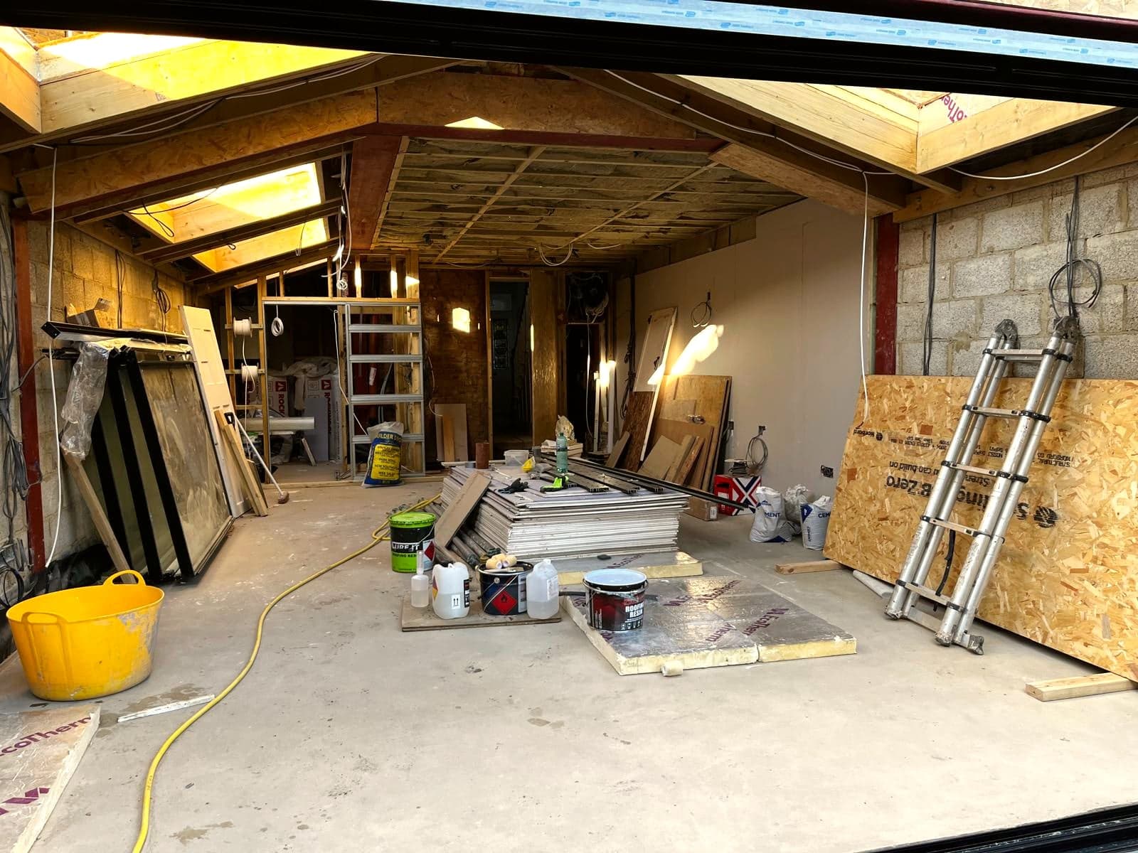 Glazing in and steels exposed, looking back through the extension, St Albans AL1