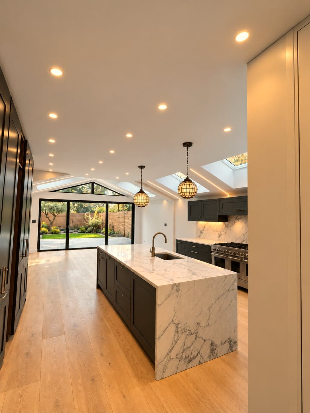 Kitchen extension interior with island, lantern rooflight and full-width glazing, St Albans AL1