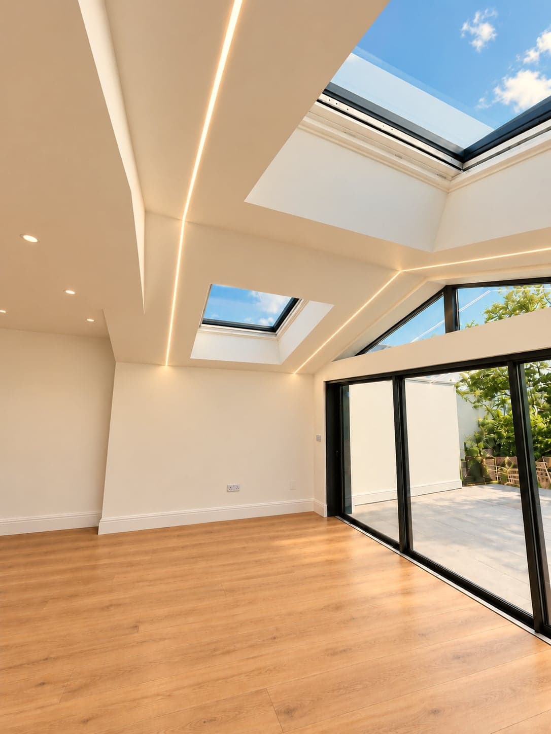 Empty extension shell finished, showing the lantern rooflight, bi-folds and new oak floor, St Albans AL1