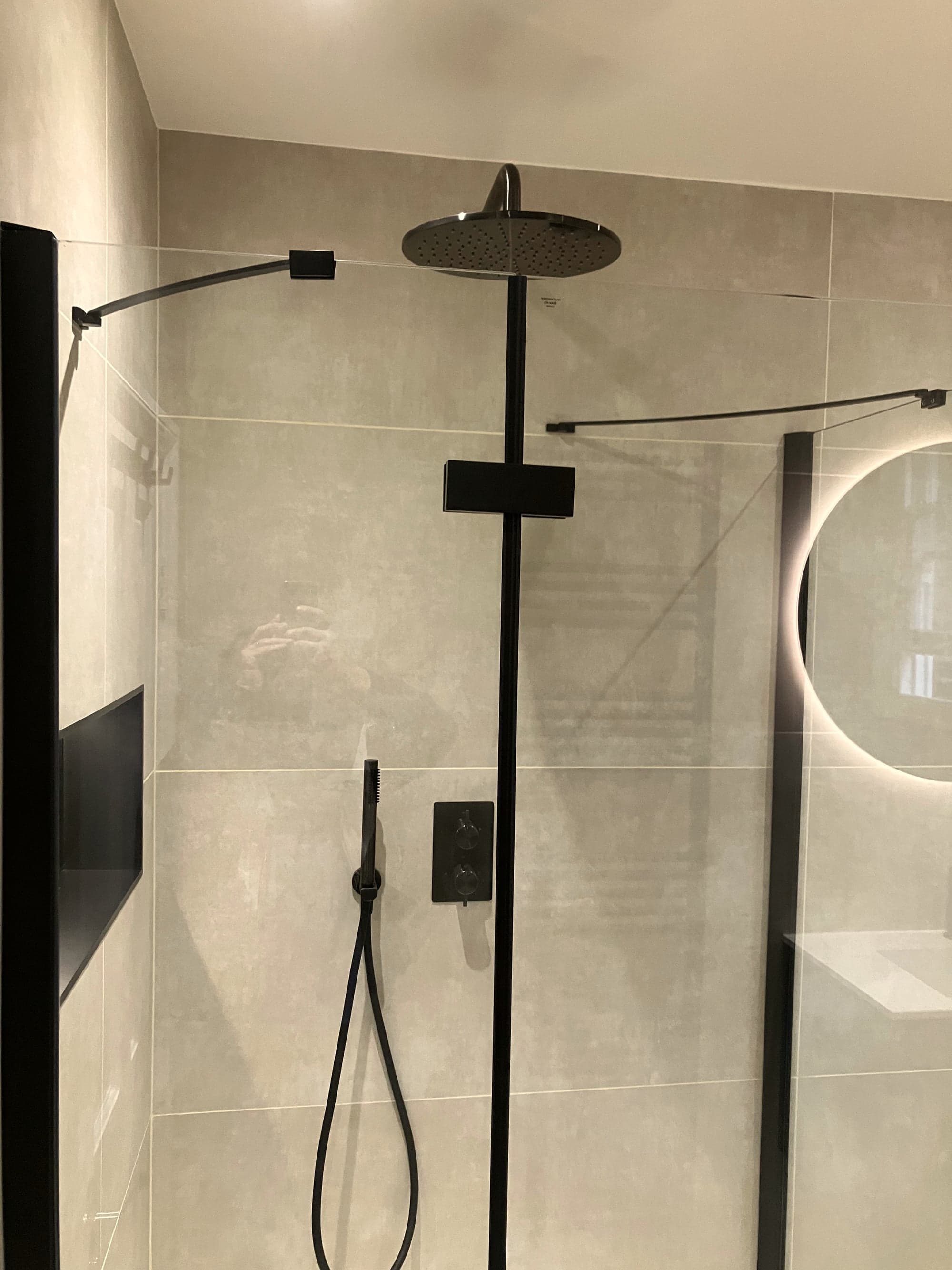 Walk-in shower with matte black rainfall head, handset and concealed valve, Clapham Common SW4