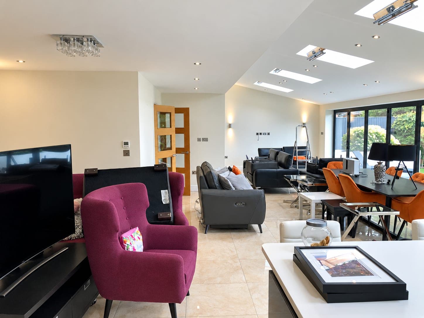 Seating area with the vaulted ceiling and rooflights decorated above, Richmond TW9