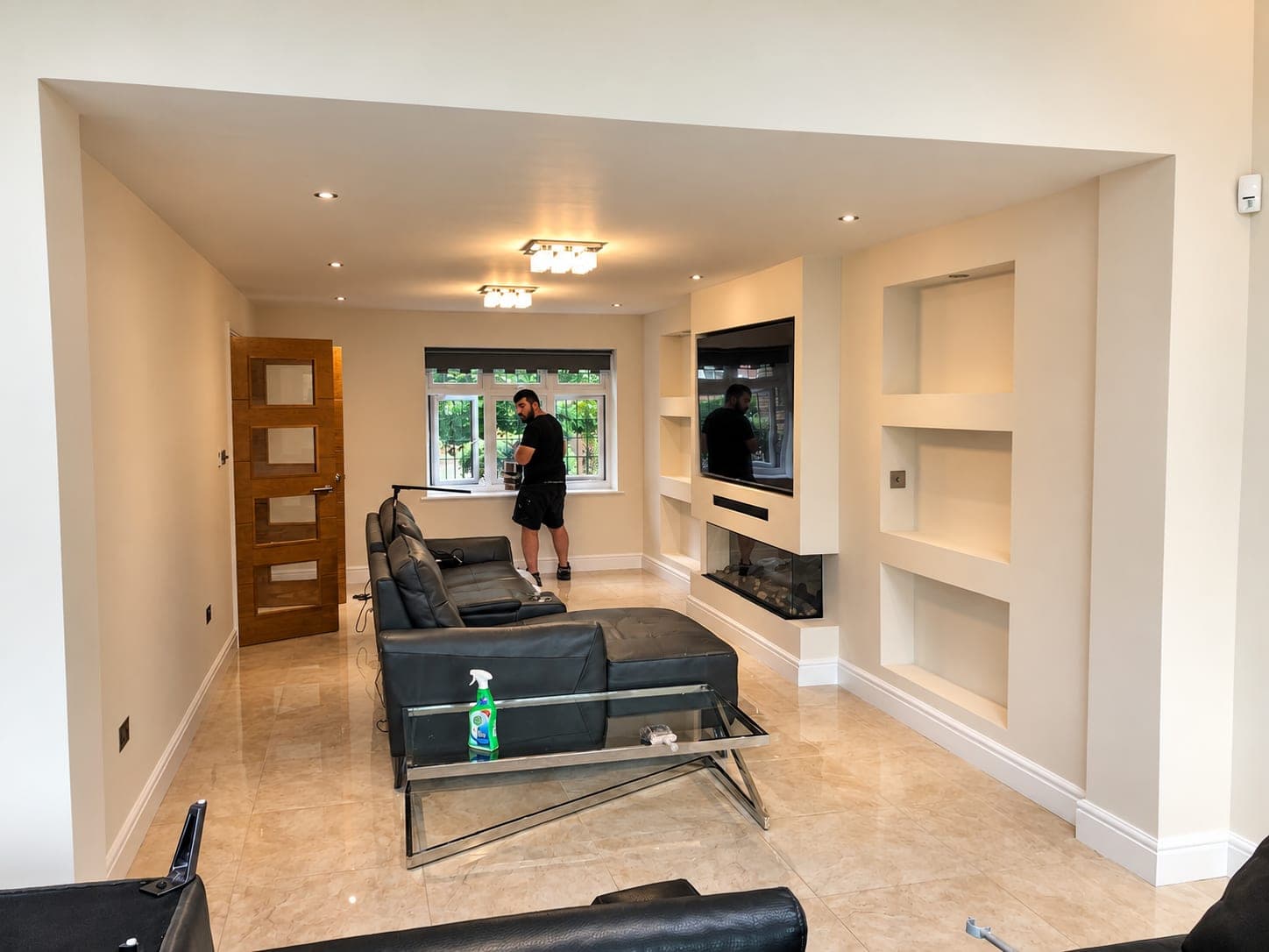 Media wall and recessed shelving with the oak doors and window cut in by hand, Richmond TW9