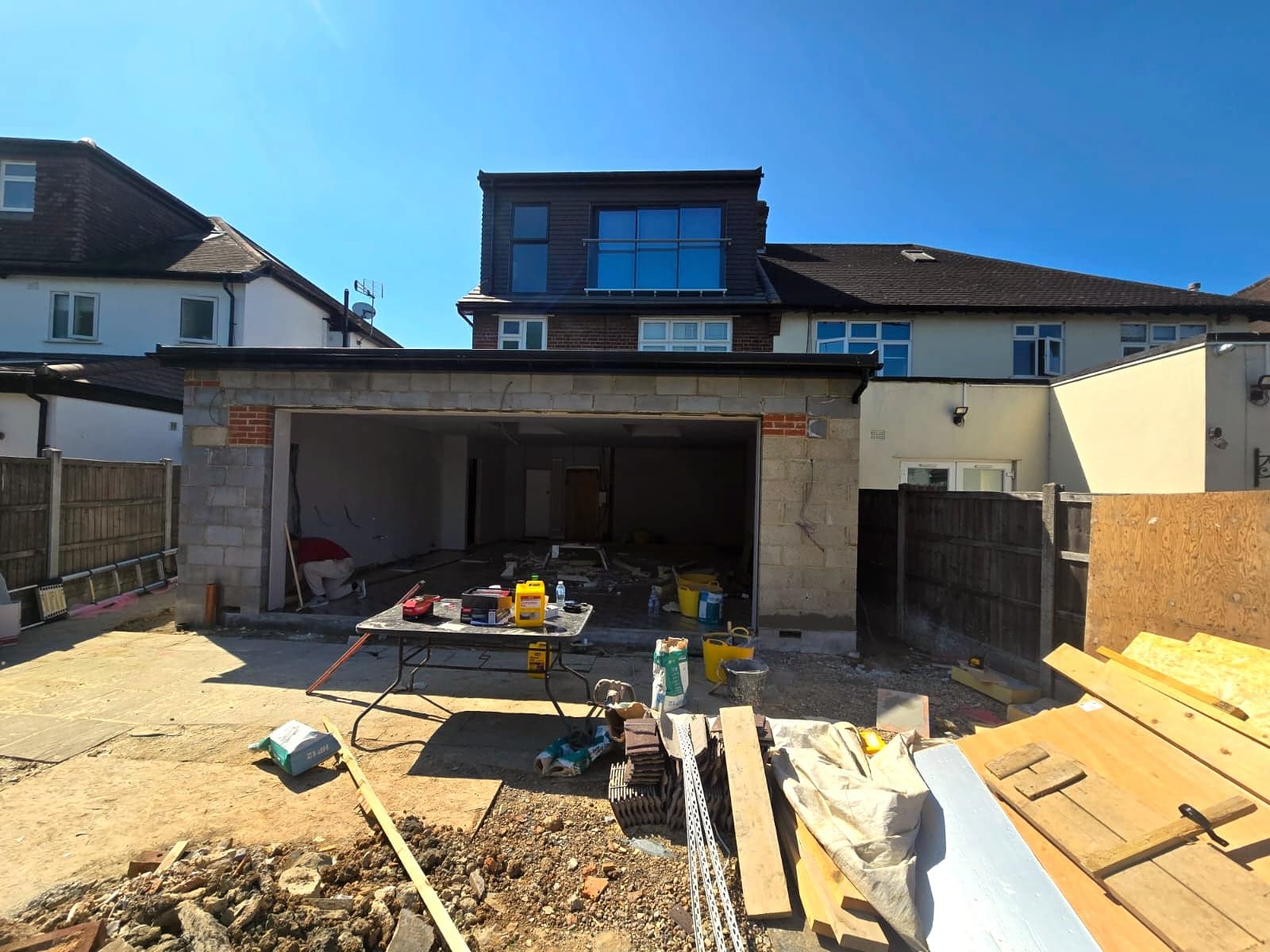 Rear of the house during construction with the extension walls built to roof level, High Barnet EN5
