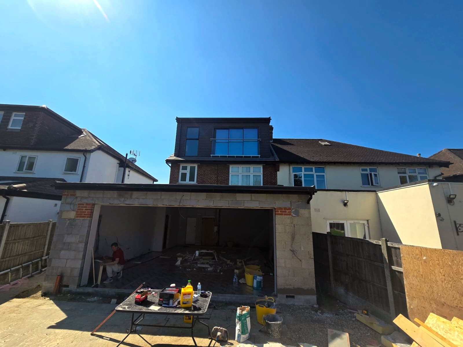 Construction stage from the garden, scaffold down and render not yet applied, High Barnet EN5