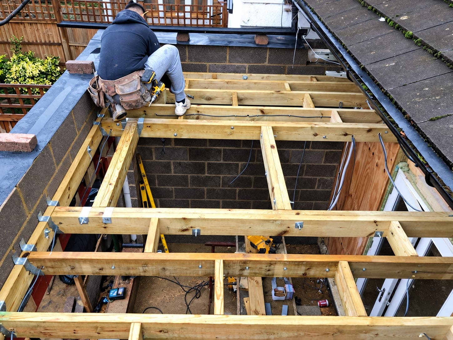 Timber roof structure going in over the blockwork, Stanmore HA7