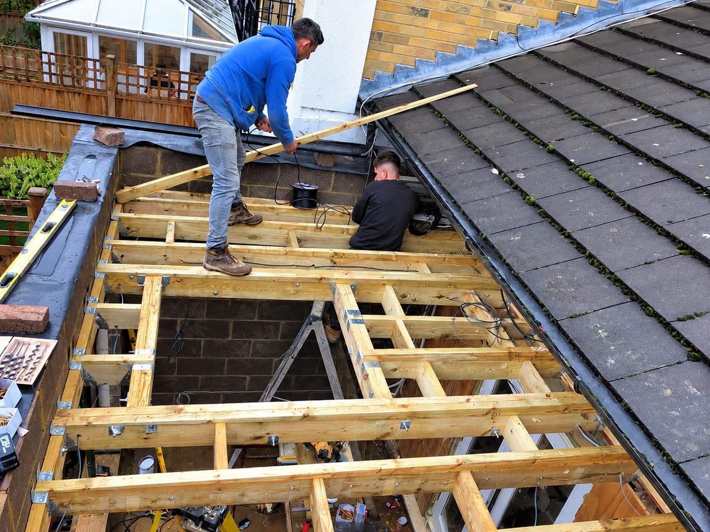 Joists and noggins fixed out across the extension roof, Stanmore HA7