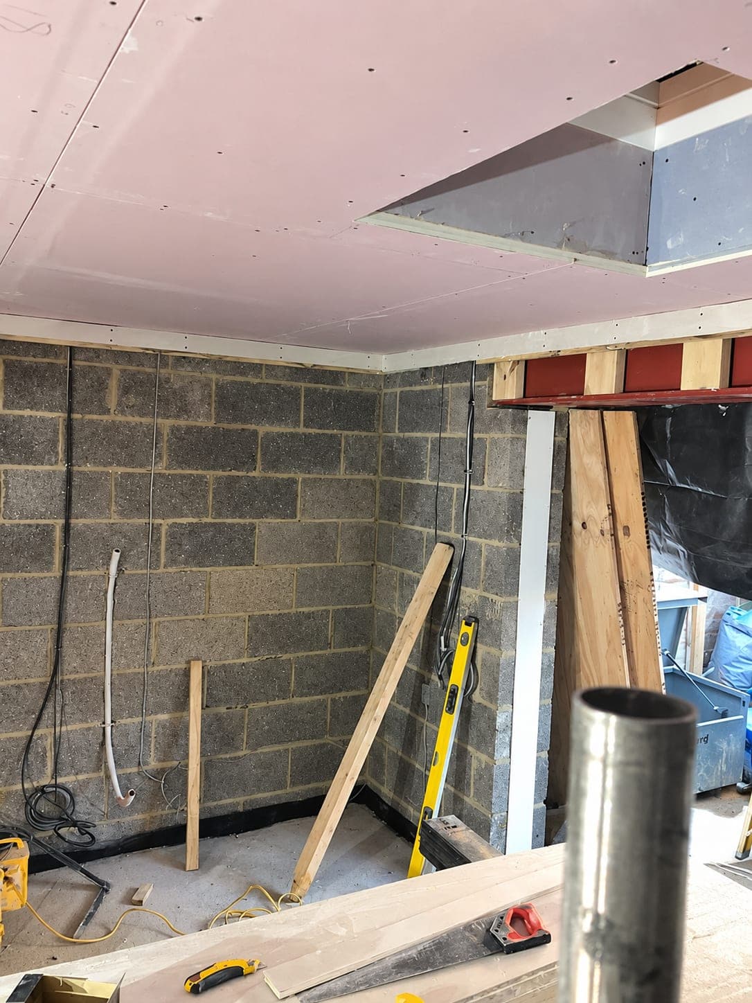Extension shell boarded out with first-fix services run, Stanmore HA7