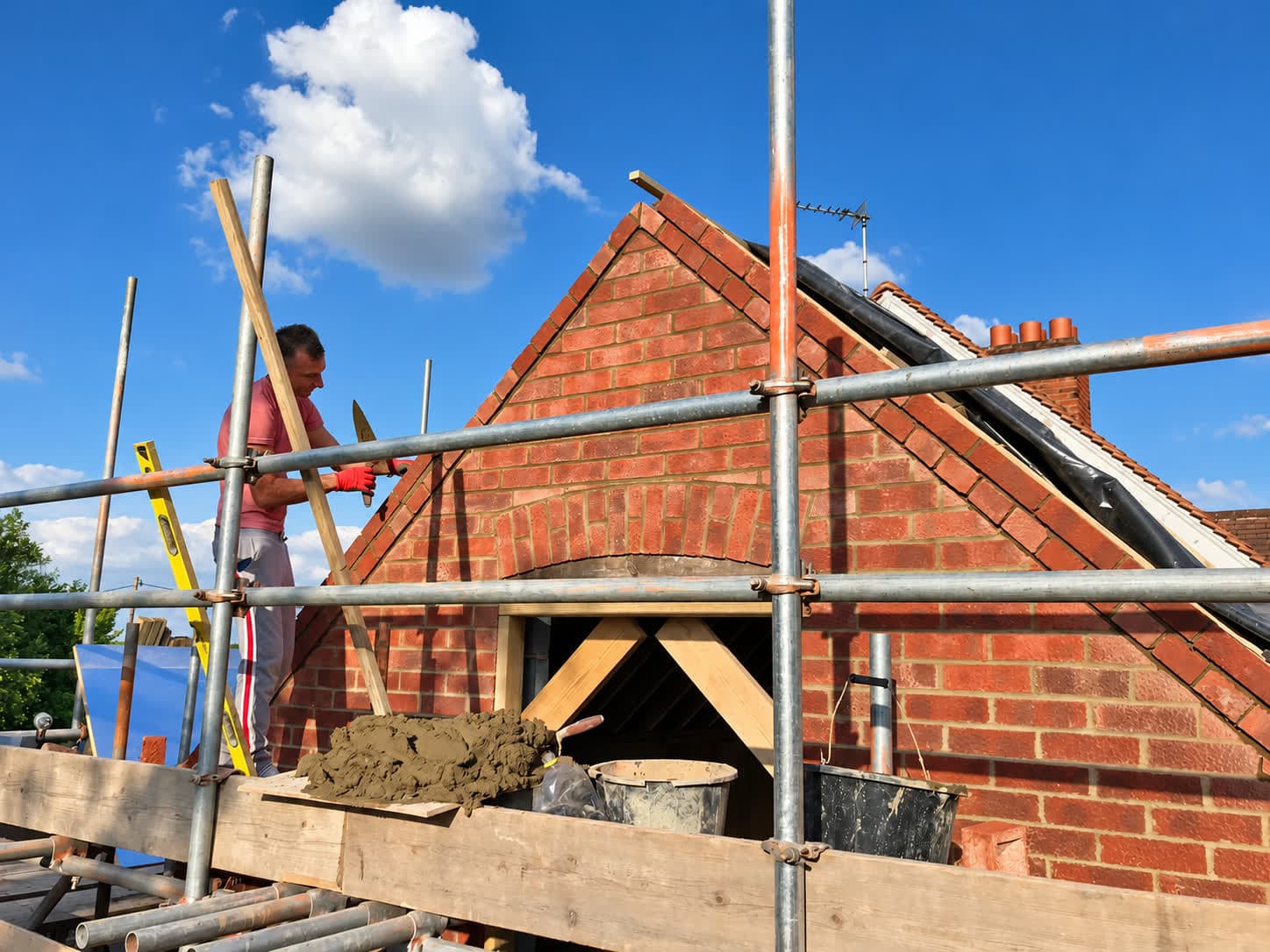Red brick gable built up to the ridge with an arched window opening, London