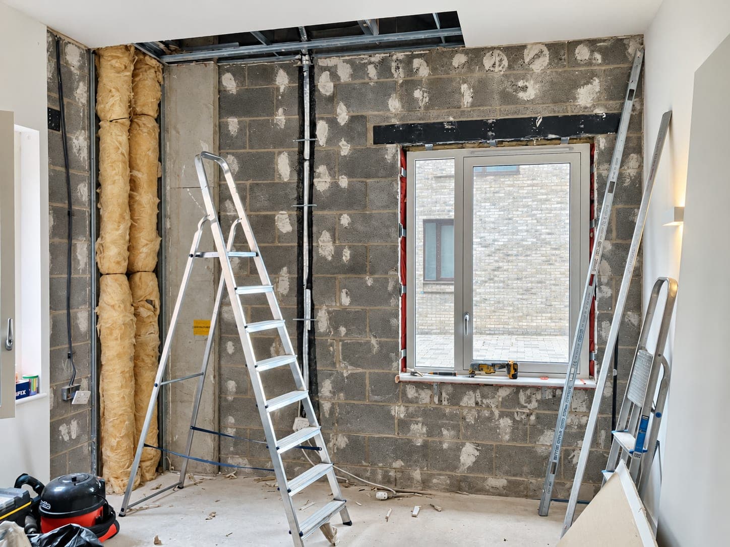 Wall stripped back to bare blockwork ready for insulated lining, London