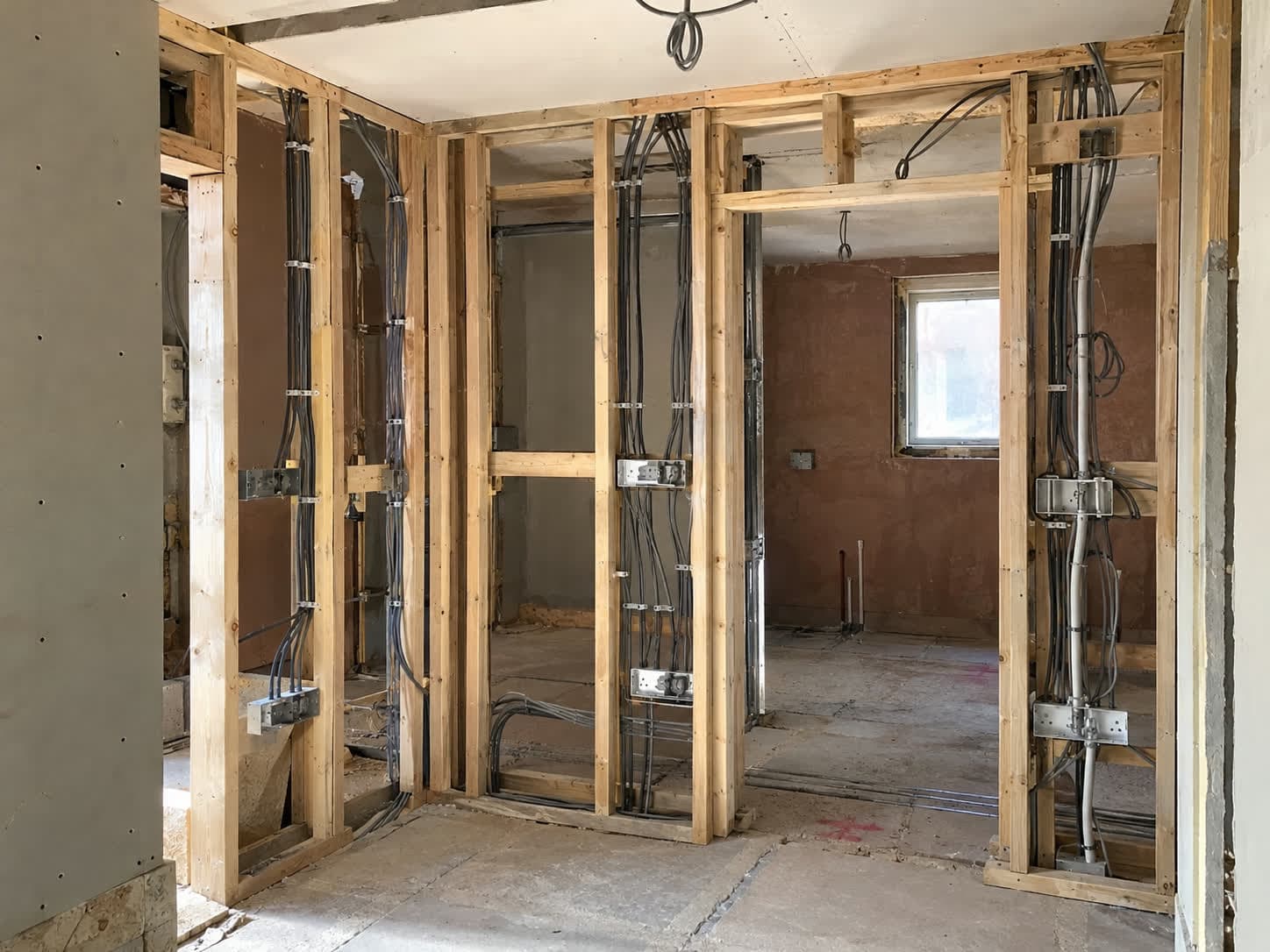 First fix cabling and back boxes run through new timber stud walls, London