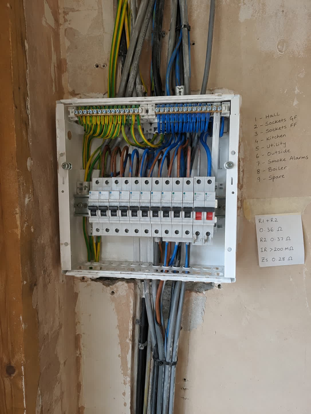 Consumer unit upgrade with circuits dressed in and a handwritten circuit schedule, London