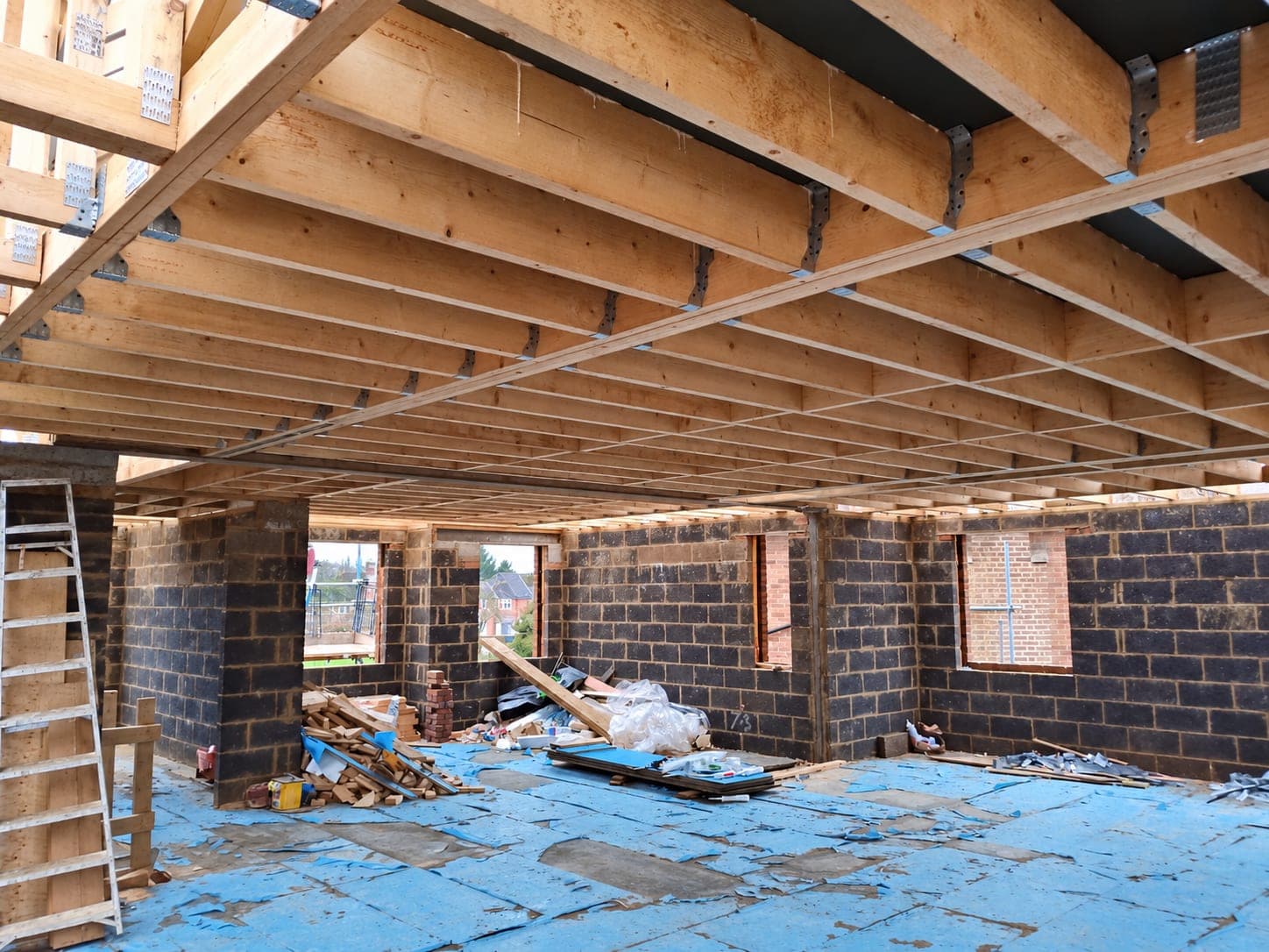 Roof rafters and supporting steel seen from inside the shell, London